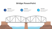 Bridge PowerPoint slide featuring three sections for text alongside a graphic of a bridge over water.