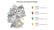 Map of Germany with four colored location markers, linked by a dotted line flight path, with matching captions on the right.