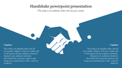 Slide with blue and white silhouette of shaking hands, with two caption areas for text and presentation notes.