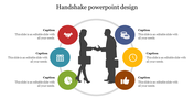 Circular layout with six colored icons and silhouettes of two people shaking hands in the center on a white background.