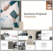 Slide deck showcasing professional business proposal template with mix of images, charts, and structured text sections.