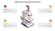 Illustration of a light microscope at the center, surrounded by four numbered caption placeholders in different colors.