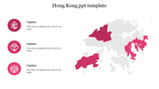 Gray map of Hong Kong with pink highlighted regions, and three icons with text on the left side.