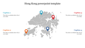 Hong Kong map slide with red, blue, orange, and green markers indicating key locations and captions areas.