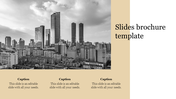 Slides brochure template in black-and-white cityscape with tall buildings, beige background, and placeholder text area.