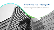 Brochure slide with a black and white photo of a modern building and a green wave design overlay at the top.