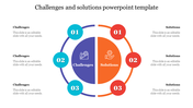 A slide with challenges in blue and solutions in orange semicircular diagram with three steps on each side with caption.