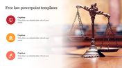 Free law-themed template featuring a balanced scale with three colored icons and captions.