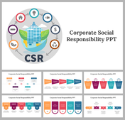 Corporate social responsibility PowerPoint featuring a circular graphic with colorful icons, multiple slides, and captions.