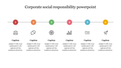 Corporate social responsibility timeline featuring six icons aligned under numbered circles  each with caption areas below.