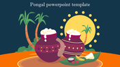 Festive pongal design with decorated pots, greenery, and a glowing sun symbolizing the harvest festival.