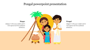 Pongal festival scene with a family in traditional clothes next to a pot, sugarcane, and sun, on a light beige background.