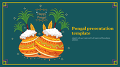 Illustration of two colorful Pongal pots, sugarcane, and grains on a green background, with yellow text on the right.