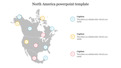 Map of North America with circular icons in various colors placed on key locations, each linked to caption areas.