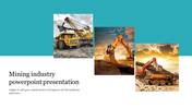 A collage of three mining machinery images on a white and teal background, with a text block on the left.