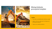 Mining industry slide featuring images of excavators working at a site with a yellow colored text section on the right.