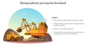 Illustration of mining equipment with excavator and dump truck in earthy tones under a dome shape with caption on the right.