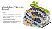 3D illustration of a multi level mining operation with workers, carts, and machinery in a quarry, with caption on the left.