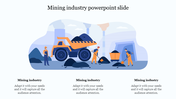 Mining industry slide design showcasing miners and heavy machinery in a vibrant, colorful graphic with placeholder text.