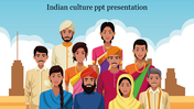 Illustration of men and women in traditional Indian clothing, highlighting the cultural diversity of India in a PPT slide.