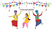 Cultural presentation template featuring traditional dancers in colorful attire with decorative banners above them.