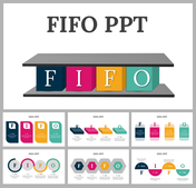 A pack of FIFO slides with colorful blocks representing the first in, first out inventory method across various layouts.