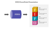 Diagram explaining the FIFO process, with a blue cylindrical element and a vertical block representing first in, first out.