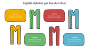 Colorful english alphabet slide with letters and captions for placeholder text.