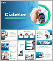 Slide deck on diabetes featuring a blue-themed design with images of glucose monitors and healthcare professionals.