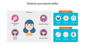 Diabetes slide featuring symptoms around a central figure, with prevention and treatment boxes.