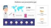 Illustration of a doctor with diabetes data on a map, statistics, and row of icons showing affected areas.