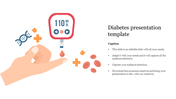 Illustration of a hand using a glucose meter with medical symbols of pills and DNA icon, representing diabetes management.