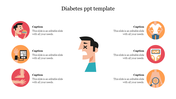 A central illustration of a man surrounded by six diabetes-themed icons with six caption areas around it.