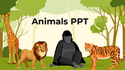 A pack of colorful animals template with a forest backdrop and detailed descriptions of various animals.