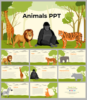 A pack of colorful animals template with a forest backdrop and detailed descriptions of various animals.