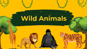 Yellow themed wild animals presentation featuring illustrations of many animals, across multiple slides with descriptions.