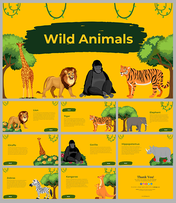 Yellow themed wild animals presentation featuring illustrations of many animals, across multiple slides with descriptions.