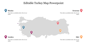 Gray map of Turkey with four colorful location markers in blue, pink, orange, and red, each labeled with different cities.