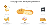 Food preparation slide with illustrations of bread, mixing ingredients, a stove, and rolling dough, each with text areas.