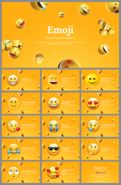 Slide pack featuring various emojis like smiling, crying, and heart eyes, with descriptions, against a yellow background.