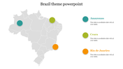 Grey Brazil map with teal, green, and orange circular markers highlighting regions and corresponding labels on the right.