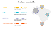 Brazil map graphic with yellow, blue, purple, and orange highlighted regions linked with matching dots and text.