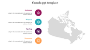 Gray Canada map with colorful icons representing the four seasons in red, teal, purple, and yellow, listed vertically.