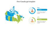 Canada map divided into blue and green regions, paired with two circular icons showing percentages and captions on the right.