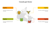 Canada-themed infographic featuring animal illustrations and labeled captions around a map outline.