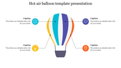 Central hot air balloon graphic with striped colors and four caption boxes with icons branching out on each side.