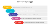 Five step process diagram slide for the 5 why analysis, featuring colorful arrows with placeholder text for each.