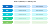 Slide for the Five Whys template with five colored arrows indicating sequential reasons for problem solving with captions.