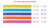 Color coded 5 Why analysis slide with five sections labeled each with checkboxes for yes or no responses.