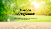 Slide deck with vibrant garden backgrounds featuring greenery, sunlight, and wooden floors, with nature quotes.